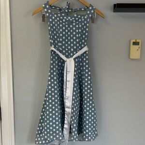 Polka Dot Woman’s Dress in Blue and White White Satan Sash Sz S